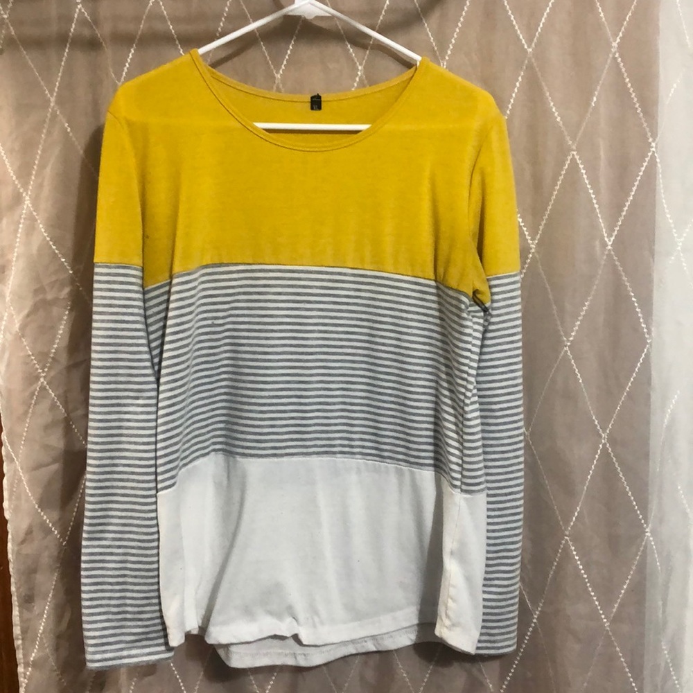 Mustard yellow and gray and white long sleeve tee